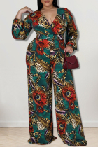 Green Casual Print Patchwork V Neck Plus Size Jumpsuits