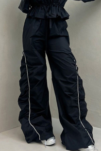 Black Casual Solid Color Patchwork Ruched Loose High Waist Patchwork Bottoms