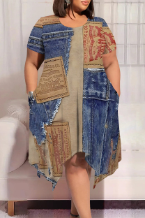 Blue Coffee Casual Street Faux Denim Print Pocket Irregular Contrast O Neck Printed Plus Size Dresses