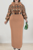 Ink Green Elegant Geometric Print Patchwork Slit Fluffy O Neck Long Plus Size Dresses