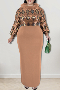 Apricot Elegant Geometric Print Patchwork Slit Fluffy O Neck Long Plus Size Dresses