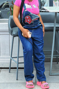 Blue Street Letters Embroidered Pocket Patchwork Regular Denim Jumpsuits