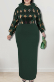Ink Green Elegant Geometric Print Patchwork Slit Fluffy O Neck Long Plus Size Dresses