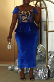 Blue Elegant Print Patchwork Zipper Ruffled Trim Asymmetrical Collar Evening Dresses