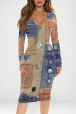 Multicolor Casual Street Faux Denim Print Contrast V Neck Printed Dresses