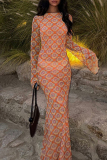 Orange Elegant Print Patchwork Backless O Neck Long Dresses