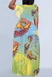Turquoise Casual Print Basic O Neck Long Plus Size Dresses