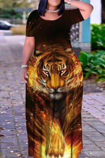 Multicolor Casual Print Basic O Neck Long Plus Size Dresses