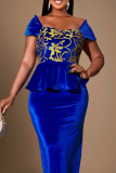 Blue Elegant Print Patchwork Zipper Ruffled Trim Asymmetrical Collar Evening Dresses