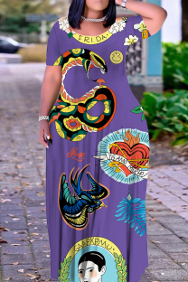 Purple Casual Print Basic O Neck Long Plus Size Dresses