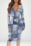 Multicolor Casual Street Faux Denim Print Contrast V Neck Printed Dresses