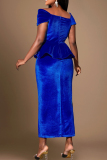 Blue Elegant Print Patchwork Zipper Ruffled Trim Asymmetrical Collar Evening Dresses