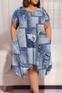 Baby Blue Casual Street Faux Denim Print Pocket Irregular Contrast O Neck Printed Plus Size Dresses