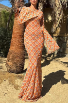 Orange Elegant Print Patchwork Backless O Neck Long Dresses
