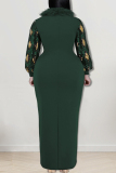 Ink Green Elegant Geometric Print Patchwork Slit Fluffy O Neck Long Plus Size Dresses