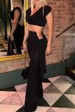 Black Sexy Solid Color Hollow Out Patchwork Ruched V Neck Two Pieces