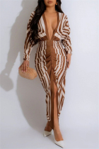 Brown Casual Print Patchwork Slit V Neck Long Dresses