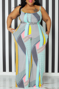 Yellow Casual Print Pocket Patchwork Spaghetti Strap Plus Size Jumpsuits