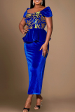 Blue Elegant Print Patchwork Zipper Ruffled Trim Asymmetrical Collar Evening Dresses