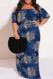 Deep Blue Casual Print Patchwork Off Shoulder Long Plus Size Dresses