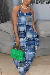 Blue Casual Print Backless Spaghetti Strap Long Dresses