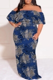 Deep Blue Casual Print Patchwork Off Shoulder Long Plus Size Dresses