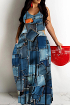 Navy Casual Print Backless Spaghetti Strap Long Dresses