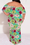 Deep Blue Casual Print Patchwork Off Shoulder Long Plus Size Dresses