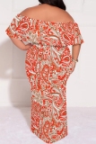Deep Blue Casual Print Patchwork Off Shoulder Long Plus Size Dresses