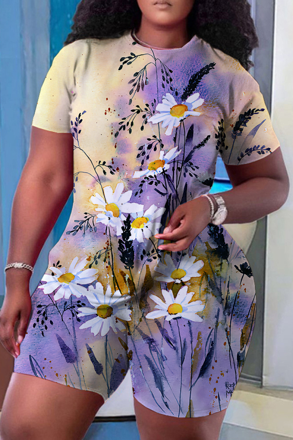 Purple Casual Floral Print Basic O Neck Short Sleeve Two Pieces
