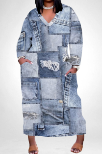 Baby Blue Casual Street Faux Denim Print Pocket V Neck Printed Plus Size Dresses