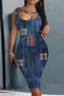 Dark Blue Print Basic U Neck Vest Dresses