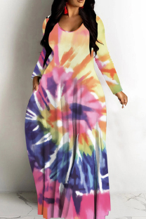 Blue Yellow Casual Tie Dye Print Basic V Neck Long Dresses