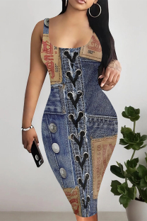 Dark Blue Sexy Street Faux Denim Print Contrast U Neck Printed Dresses