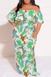 Deep Blue Casual Print Patchwork Off Shoulder Long Plus Size Dresses
