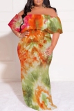 Deep Blue Casual Print Patchwork Off Shoulder Long Plus Size Dresses