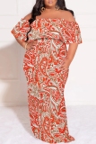 Deep Blue Casual Print Patchwork Off Shoulder Long Plus Size Dresses