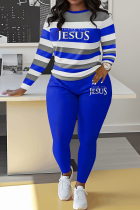 Blue Casual Letters Patchwork O Neck Long Sleeve Two Pieces