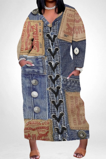 Dark Blue Casual Street Faux Denim Print Pocket V Neck Printed Plus Size Dresses