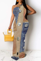 Multicolor Casual Street Faux Denim Print Contrast O Neck Printed Dresses