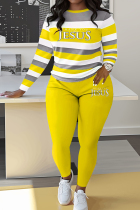 Yellow Casual Letters Patchwork O Neck Long Sleeve Two Pieces