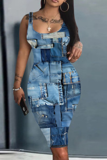 Blue Casual Print Basic U Neck Vest Dresses