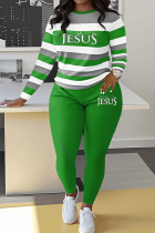 Green Casual Letters Patchwork O Neck Long Sleeve Two Pieces