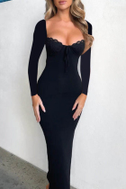 Black Elegant Solid Color Patchwork Backless Slit Strap Design Asymmetrical Collar Long Dresses