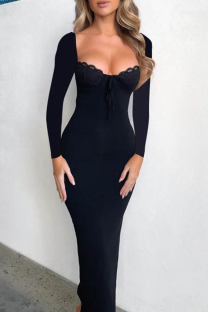 Black Elegant Solid Color Patchwork Backless Slit Strap Design Asymmetrical Collar Long Dresses