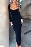 Black Elegant Solid Color Patchwork Backless Slit Strap Design Asymmetrical Collar Long Dresses