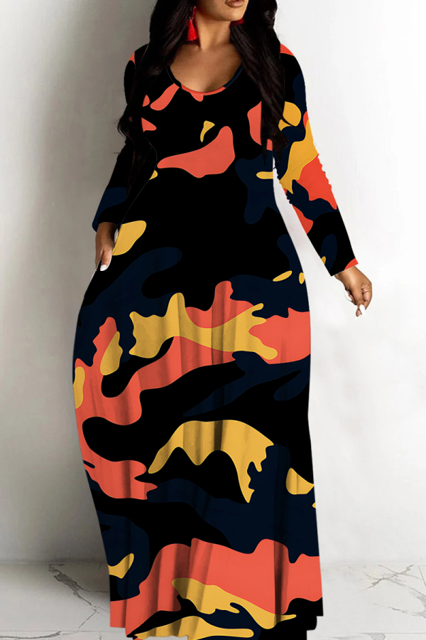 Black Casual Tie Dye Print Basic V Neck Long Dresses