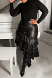 Black Casual Solid Color Beading Irregular Bodycon High Waist Conventional Patchwork Bottoms