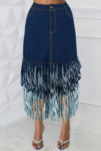 Deep Blue Casual Solid Color Fringed Trim A Line Plus Size High Waist Denim Skirt