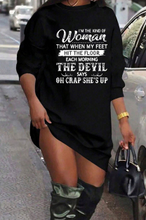 Black Casual Letters Patchwork O Neck Straight Dresses